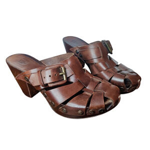 MOMA Italian Brown Leather Woven Platform Mules Size 38 Side Buckle Y2K Style